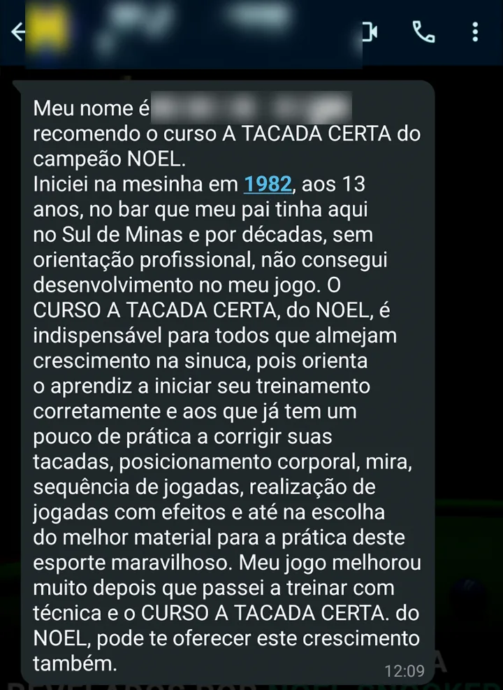 Mensagem de aluno no WhatsApp: joga desde 1982 no Sul de Minas e diz que o jogo melhorou muito depois de treinar com técnica e o curso A Tacada Certa.