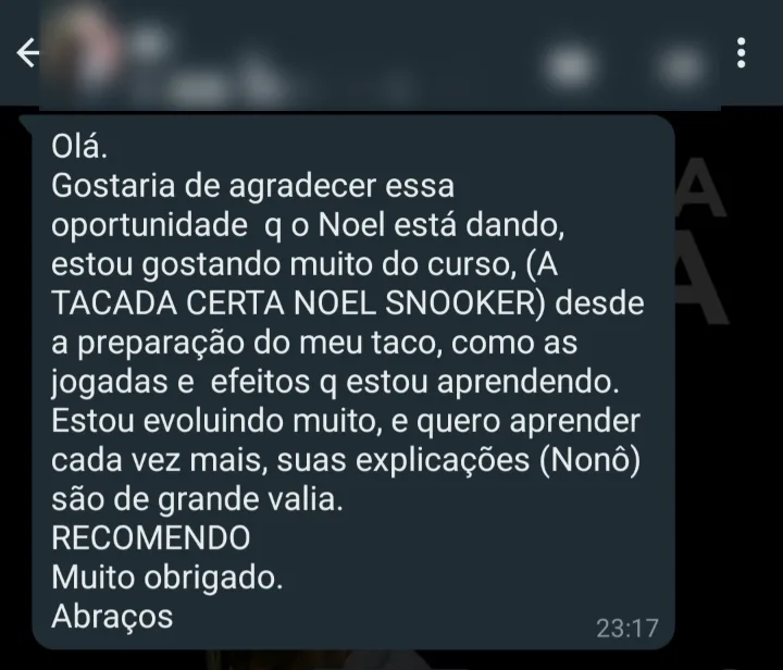 Mensagem de aluno no WhatsApp: está gostando muito do curso, da preparação do taco às jogadas de efeito, e recomenda.